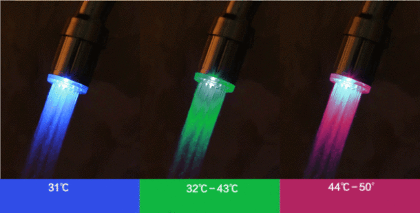 Водосберагающие насадки с подсветкой для смесителей (каждый цвет подсветки сигнализирует об определённой температуре воды)