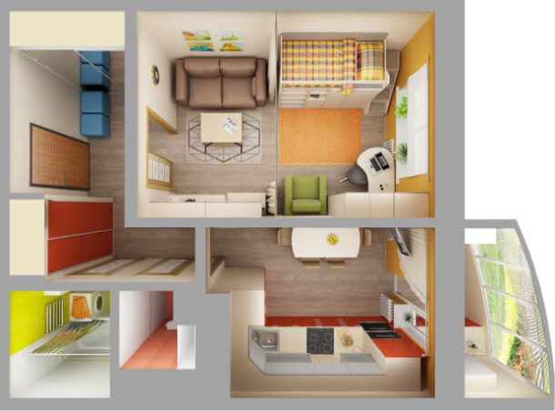 3D модель зонирования однокомнатной квартиры