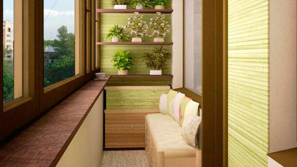 Пример декоративной отделки балкона в качестве зоны отдыха