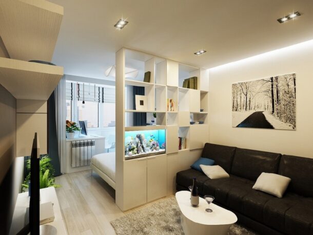 Пример установки стеллажа для разделения спальной и гостиной зон в однокомнатной квартиры