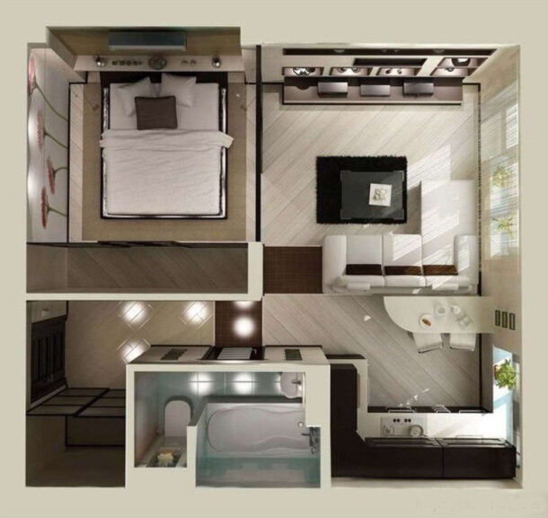 Пример перепланировки однокомнатной квартиры в двухкомнатную за счёт установки дополнительно перегородки между кухней и комнатой