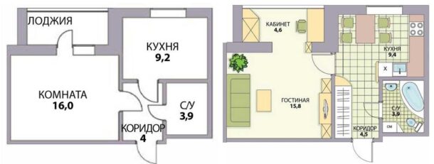 Пример перепланировки однокомнатной квартиры в двухкомнатную за счёт использования площади лоджии